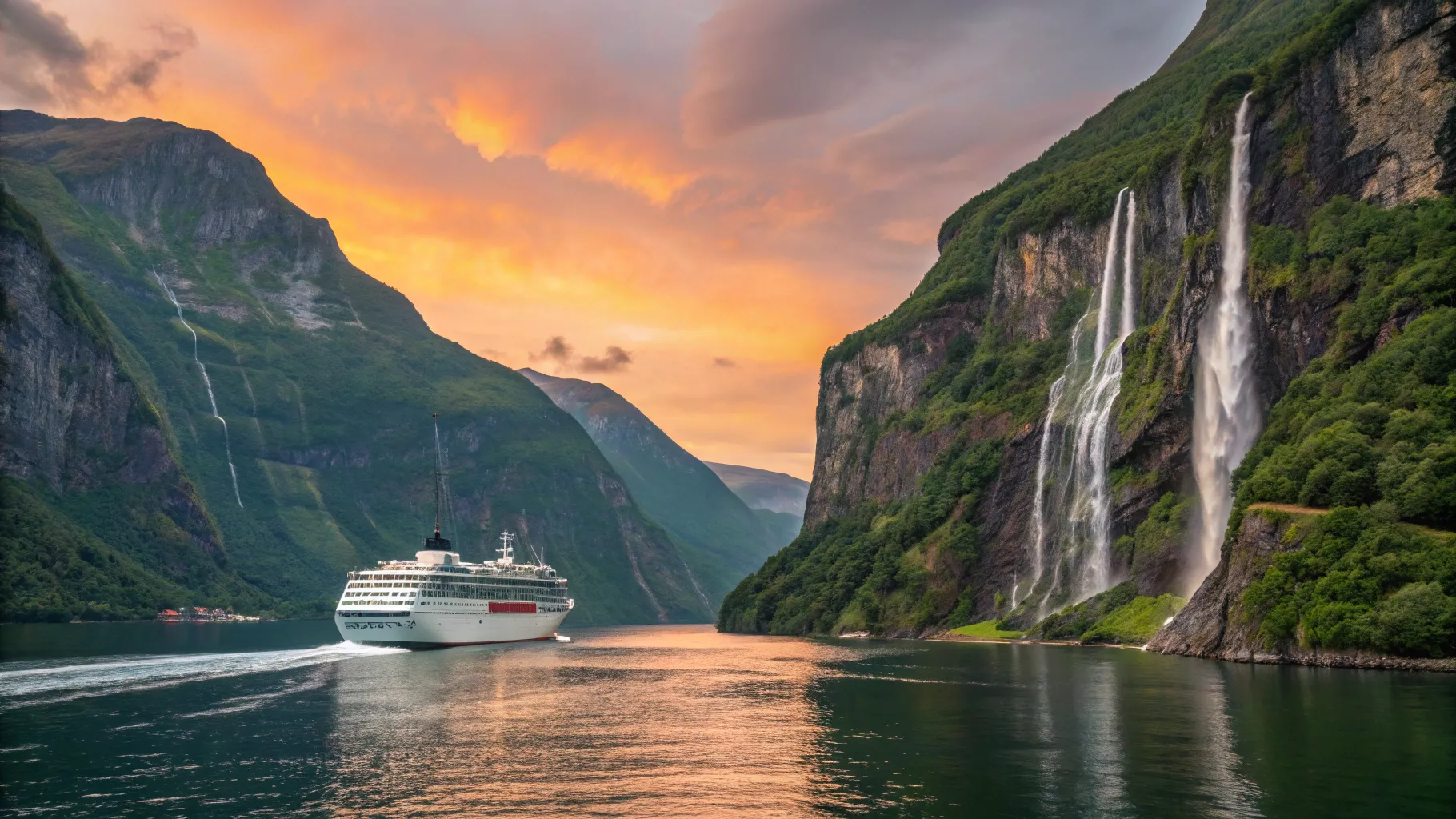 UK to Norway Cruise scene featuring beautiful fjords with steep cliffs and serene waters.