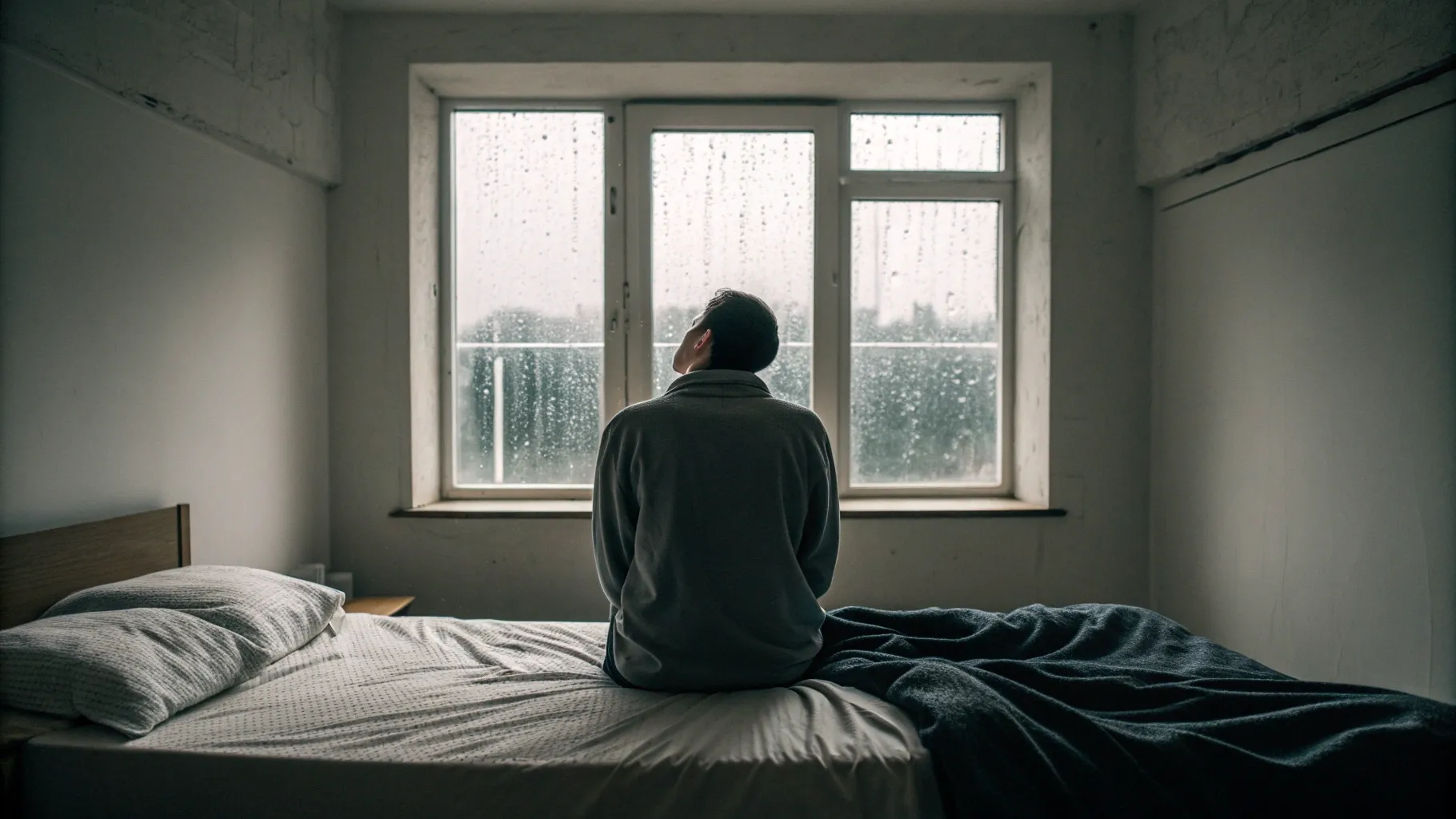 A person looking out a rain-streaked window, representing the emotional and physical ptsd indicators.