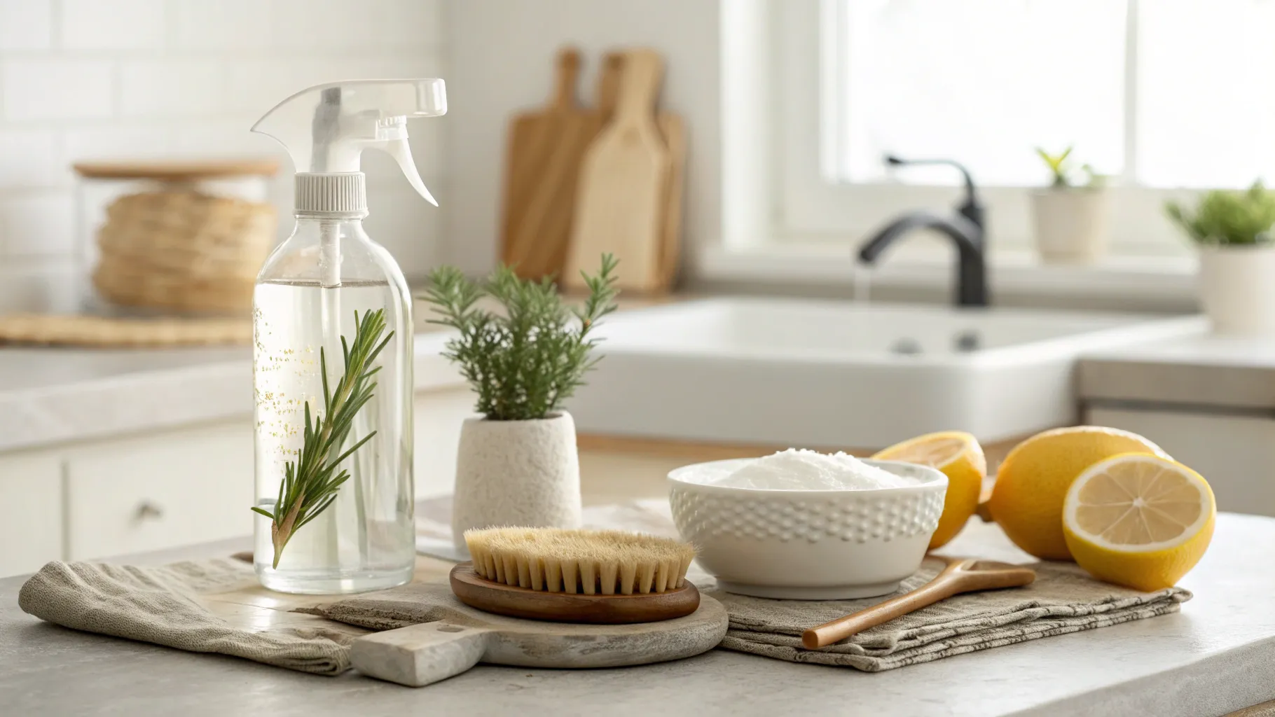 A collection of eco friendly home cleaning products displayed on a rustic wooden countertop in a bright kitchen.