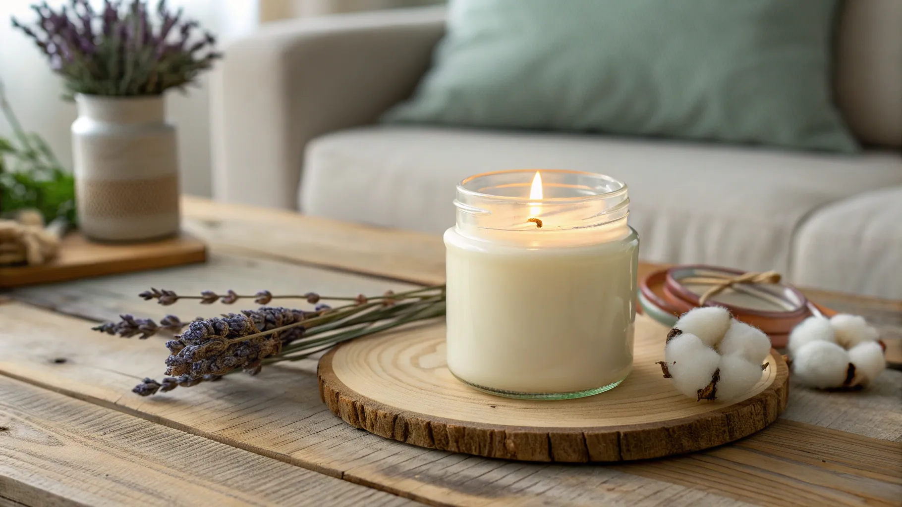 A close-up of a clean-burning candle made from one of the non toxic candle wax types.