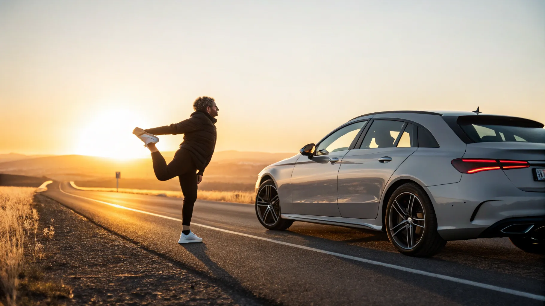 A driver stretching beside their car at a scenic rest stop, demonstrating safe driving break intervals.