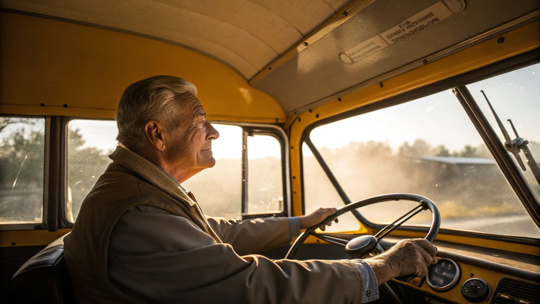 A senior man with gray hair driving a yellow school bus, illustrating one of the many senior friendly driving jobs available.